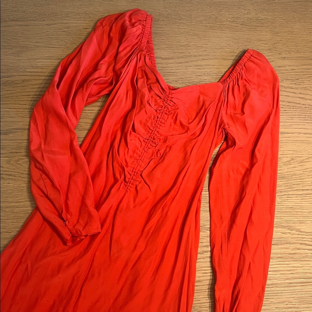 {a new day} red/orange puff long sleeve ruched front dress